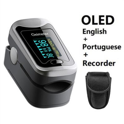 Fingerspids puls oximeter finger de pulso dedo hjemme puls oxymeter pulsioximetro med engelsk og portugisisk sprog oled: Sølv-sort-taske