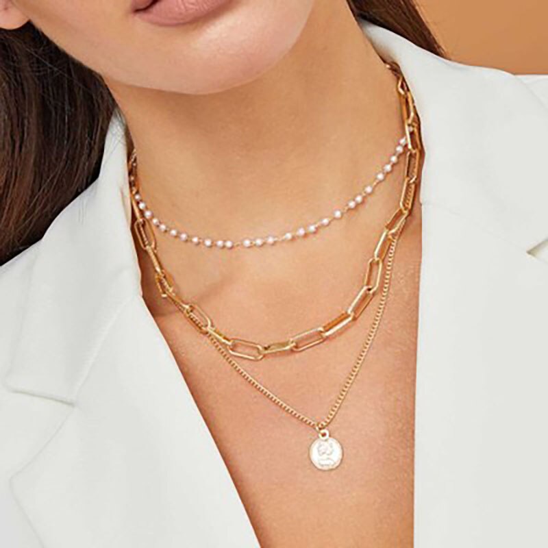 KUSS FRAU Goldene Multi-schicht Perle Perle Kette Halsketten Für Frauen Münze Porträt Anhänger Kragen Choker 2021Trend schmuck: 55-KWZL1467