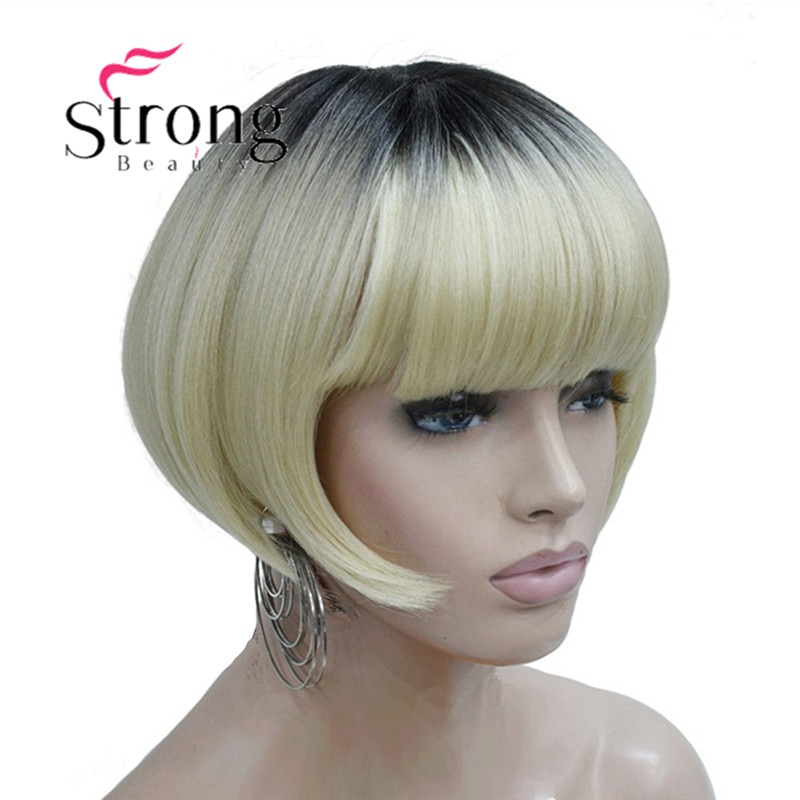 StrongBeauty Neat Bang Korte Bob stijl Pruik Blonde Ombre En donkere Wortel Synthetische Natuurlijke Volledige Pruiken