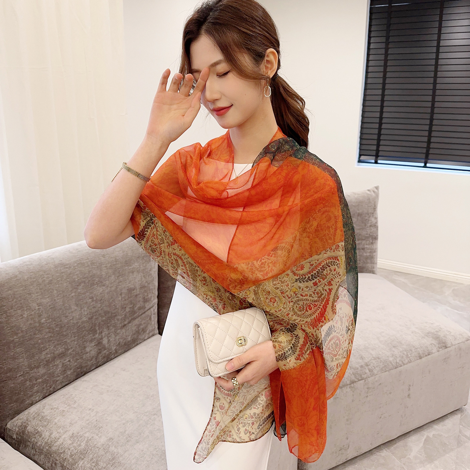 Lenço de seda estampado hijab feminino primavera deisgn macio praia estolas elegantes lenços de cabeça echarpe xale cetim grande envoltório echarpe bandana
