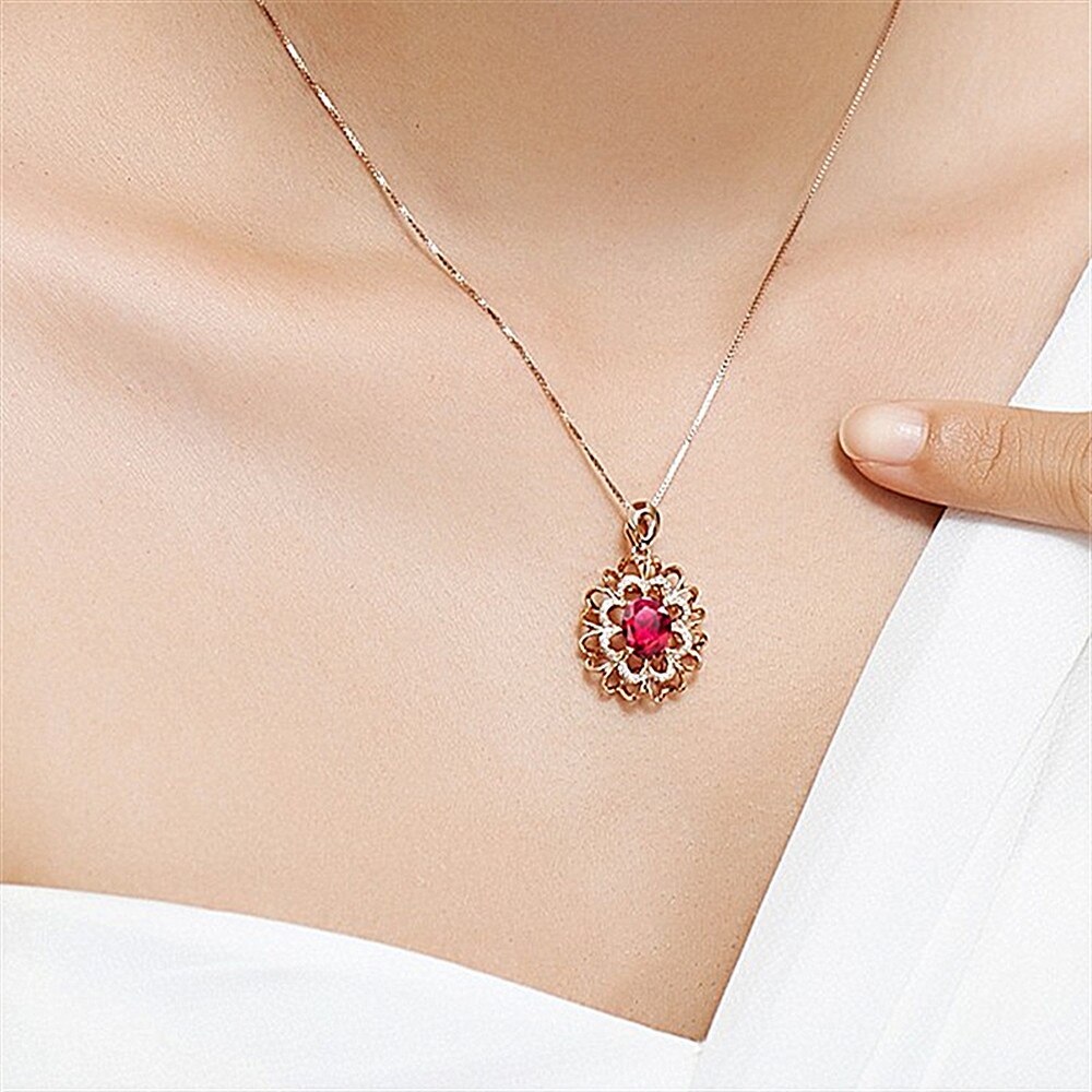 Vintage blume rubin edelsteine rot kristall zirkon diamant anhänger halsketten für frauen rose gold luxus schmuck halsband bijoux