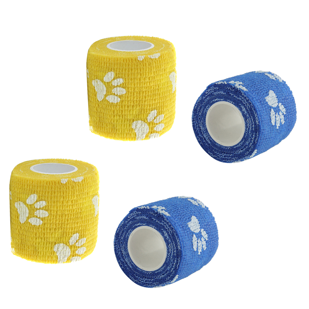4 Rolls of Vet Wrap Bulk, Cute Paw Prints, Bandage Wrap Vet Tape - Waterproof &amp; Self Adherent – Blue/Yellow
