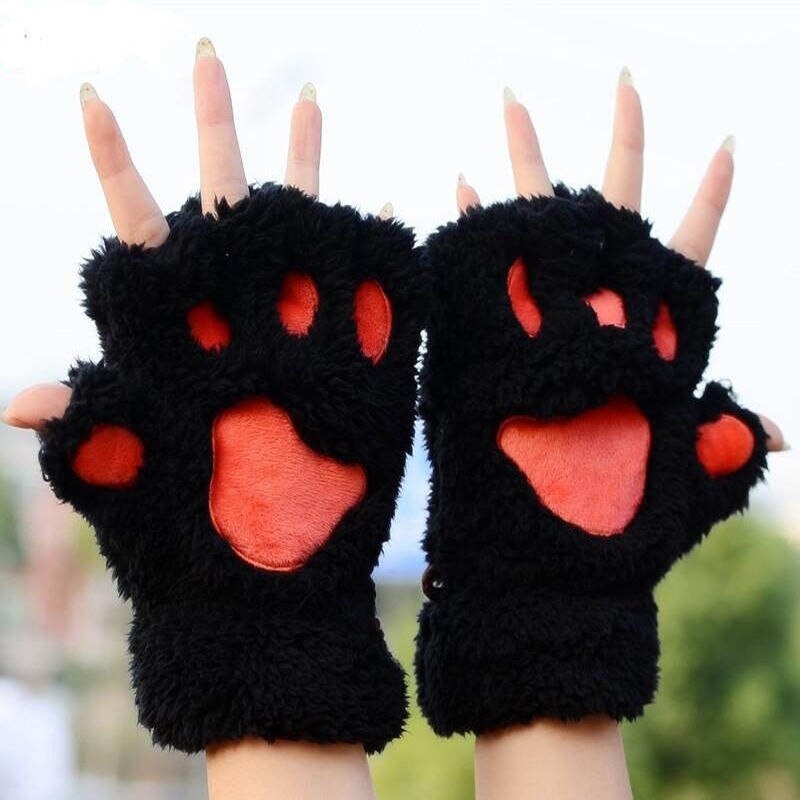 Guante de felpa de garra zarpa de gato para mujer, cálido, para invierno, guantes de medio dedo, guantes de mujer