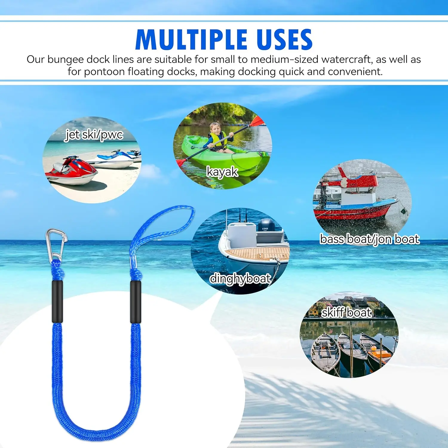 Líneas de muelle elásticas de 4 pies para barco, cuerdas de amarre de muelle (azul, 4 pies con un gancho)