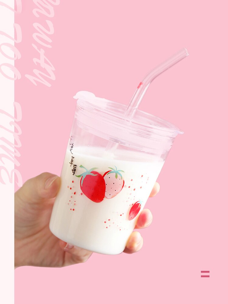 Kubki szklane truskawkowe słomka kuchenka mikrofalowa bezpieczne pokrywki kubki soku proste kreatywne przezroczyste Taza De kawiarnia Drinkware AC50GC
