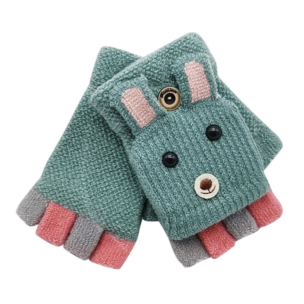 Baby Winter Handschoenen Kinderen Meisje Jongen Half Vinger Convertible Flip Top Cover Handschoenen Dier Warm Kinderen Gebreide Wanten # P4: green