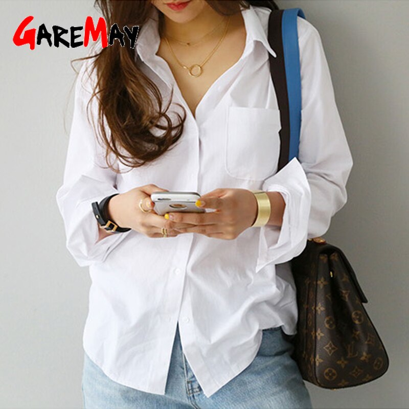 Blusa holgada informal de manga larga para verano y primavera, camisa blanca con un bolsillo para mujer, cuello vuelto