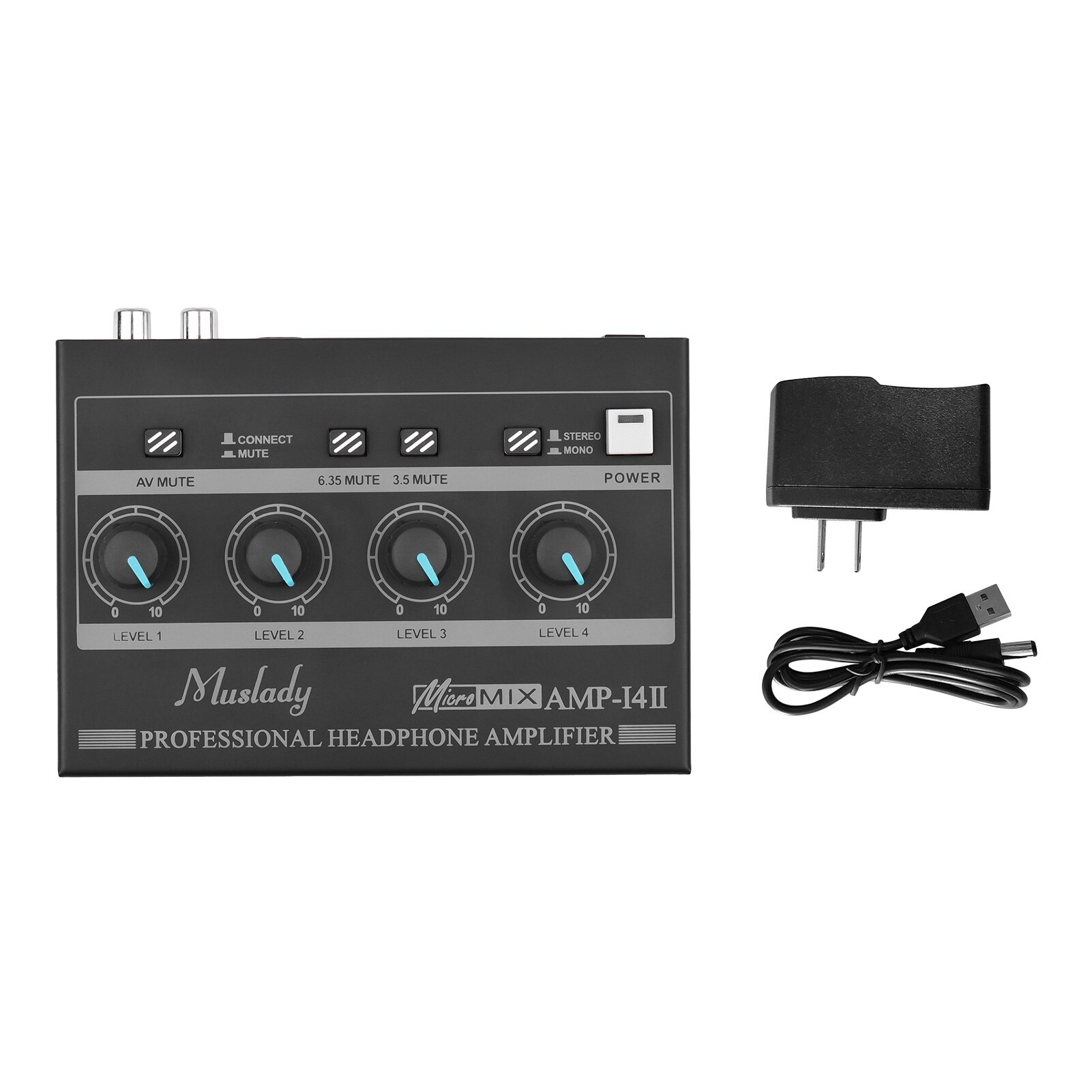 Muslady AMP-14 4-Channel Headphone Amplifier Compact Stereo Headphone Amp with RCA/6.35mm/3.5mm Input Volume Control: AMP-14 4-Channel US