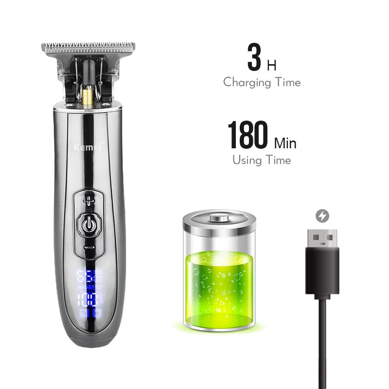 Kemei KM-129 Skeleton Cordless Hair Trimmer for Men LCD Display Haircut Tools Speed Control 0mm Skin Cut Fits Wahl T-Wide Blade