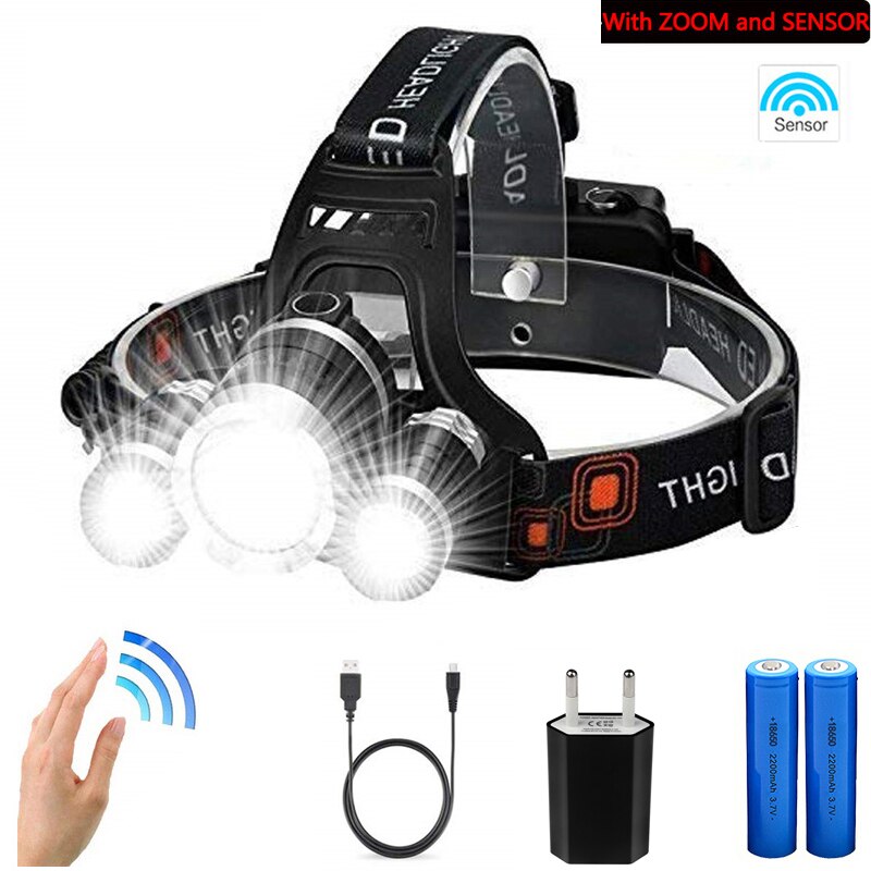 6000 Lumen 3 Leds Koplamp Vissen Koplamp T6 4Modes Draagbare Zoomable Waterdichte Headtorch Camping Wandelen Met Usb-kabel: Package F