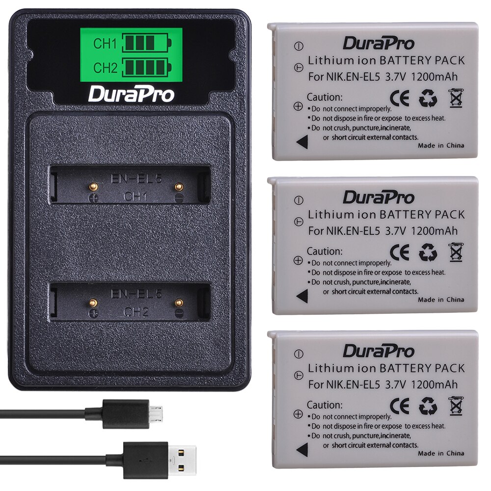 Batterie ENEL5 EN EL5 1200mAh avec double chargeur LCD, pour Nikon EN-EL5 Coolpix P90 P80 P530 P520 P510 P100 P500 P5000 P5100 P6000: 3Battery 1Charger