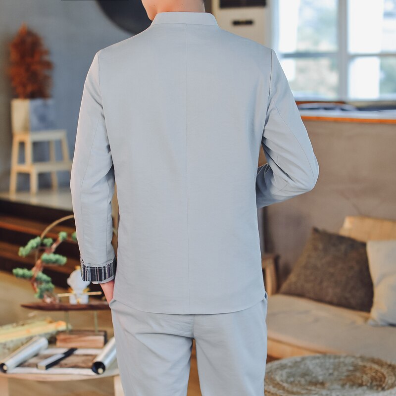 Plus size mænd formel blazer herre slim fit knap tunika jakkesæt sæt ren farve kinesisk stil blazer jakke og bukser