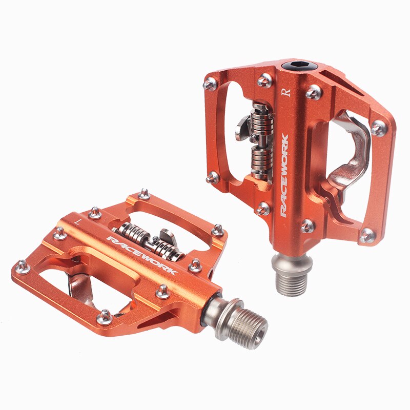 Racework Mtb Bike Klikpedalen Zelfsluitende Cnc Aluminium Du Lager Spd Dubbele Platte Platform Mountainbike Pedaal: Orange