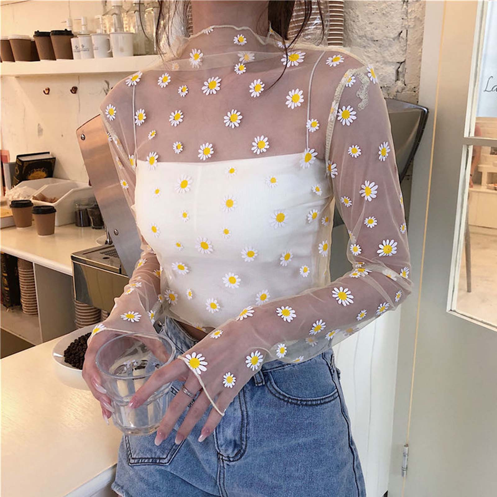 Tops transparentes de encaje con estampado de Margarita para mujer, camisetas sexis de manga larga, camisas de malla fina, Top de para mujer, blusa con protección solar de verano 2023