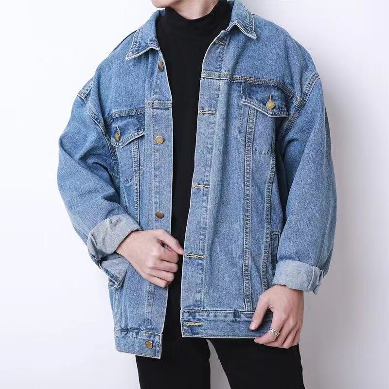 Safari Denim kurtka męska mroczny styl smażona kurtka uliczna skręcić w dół kołnierz dorywczo luźna i przystojna solidna męska kurtka ubrania: light blue / Asia M(50-55KG)