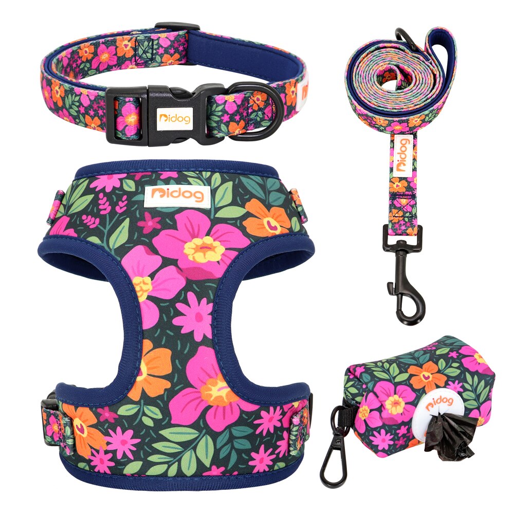 Print Dog Collar Harness Leash Poop Bag Set Adjustable Pet Collars Vests For Small Medium Dogs Pets Walking Rope Garbage Bags: Rose / XS