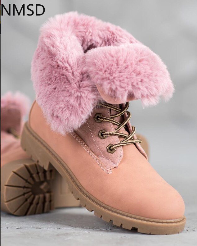 Vinter snøstøvler kvinner snører tykk pels varme vinterstøvler kvinnelige sko ankelstøvletter