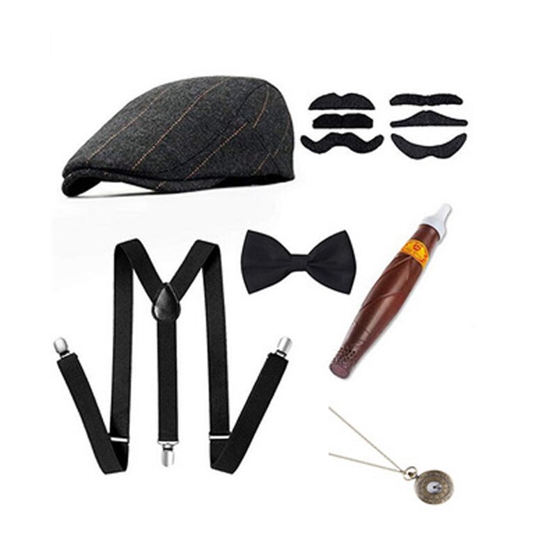 Cosplay Halloween Costumes 1920s Men&#39;s Gatsby Gangster Costume Accessories Set 30s Manhattan Gangster Beret Y-Back Suspender