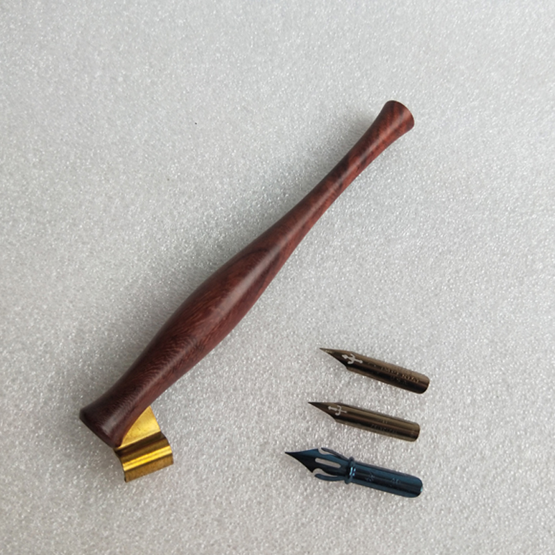 Handmade Solid Wood Oblique Calligraphy Copperplate Script Antique Dip Pen Set with 1 Pen Holder 3 Nibs Dip Pens