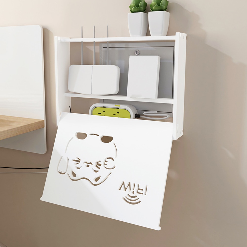 1 stk vægmonteret trådløs wifi router opbevaringsboks pvc panel hylde hængende stik bord beslag kabel opbevaring organizer boligindretning