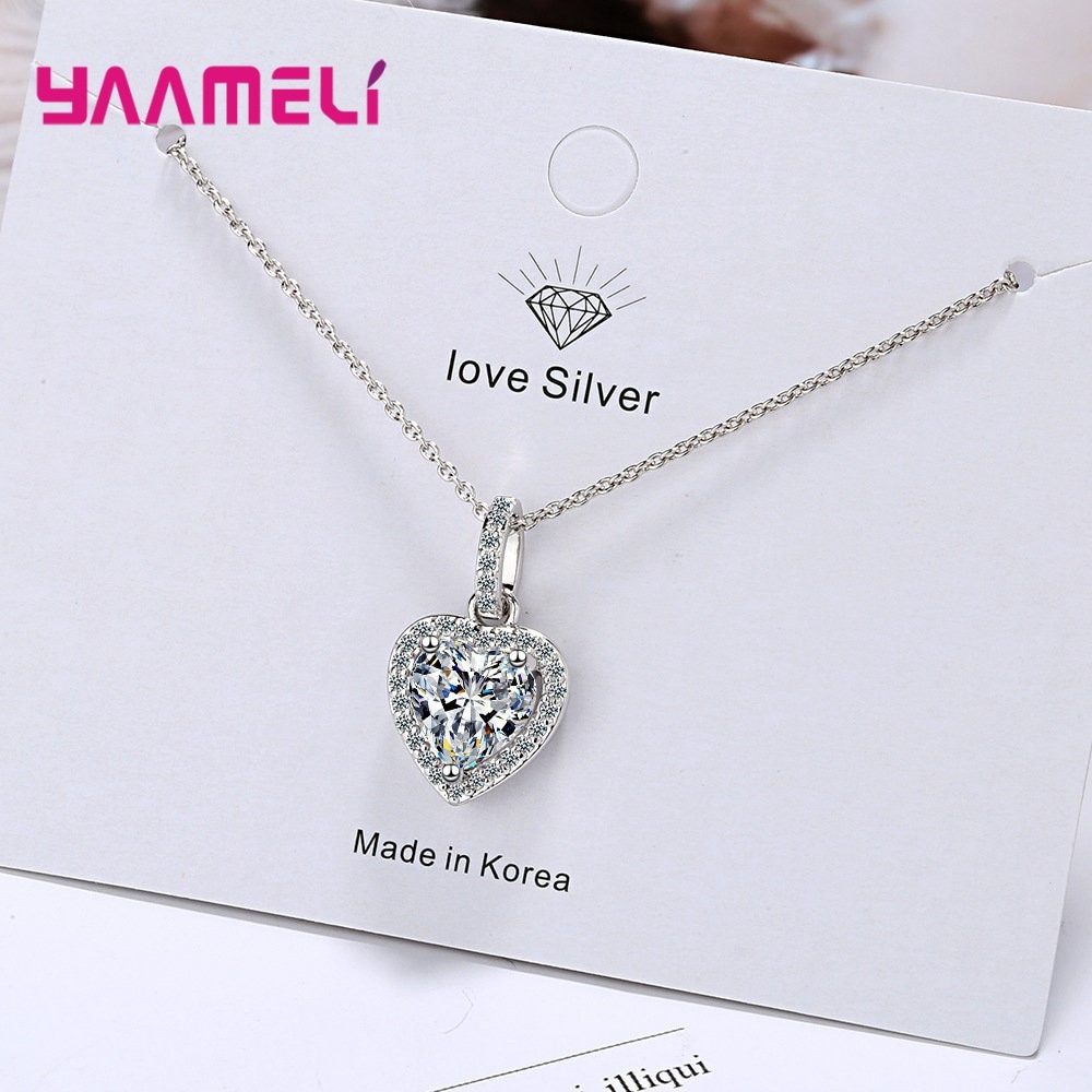 Romantic Mosaic Heart Shaped Pendant Necklaces for Woman Fine 925 Sterling Silver Rhinestone Cubic Zirconia Birthday