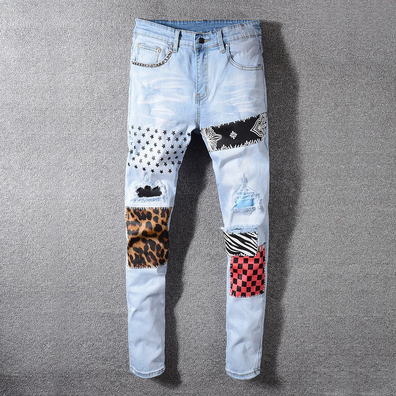 Streetwear Men Jeans Light Blue Slim Fit Patch Elastic Ripped Jeans Men Denim Printed Pants Hip Hop Jeans Homme