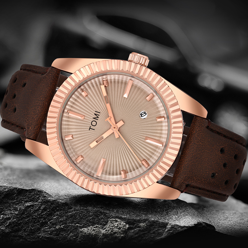 TOMI Reloj clásico de para hombre y mujer Reloj de cuarzo de cuero marrón con calendario de negocios de tendencia versátil