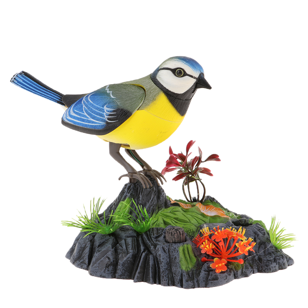 Syngende og kvidrende fugl i stub, realistiske lyde og bevægelser, lydaktiverede batteridrevne fugle