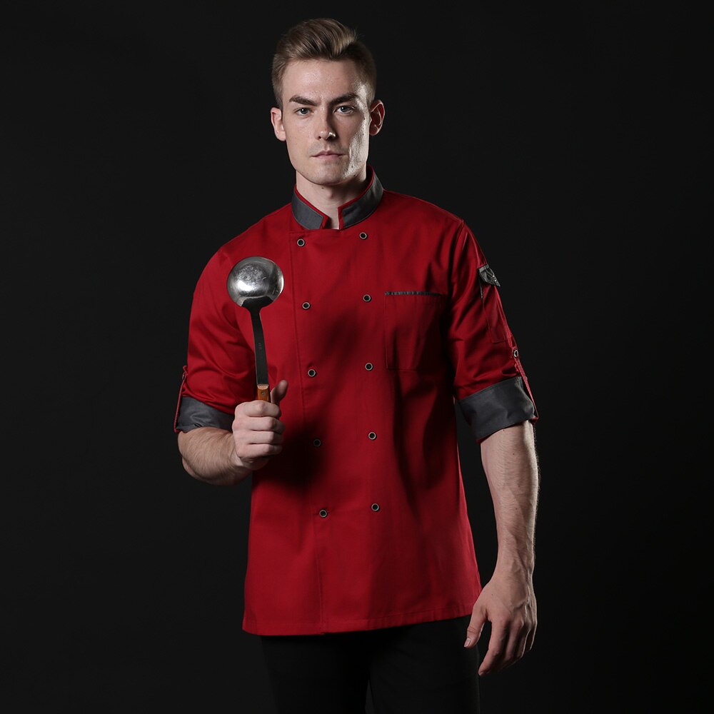 Fall and winter long-sleeved chef service work clothes hotel restaurant chef uniforms cofe shop kitchen chef uniform chef jacket: Red / XXXL