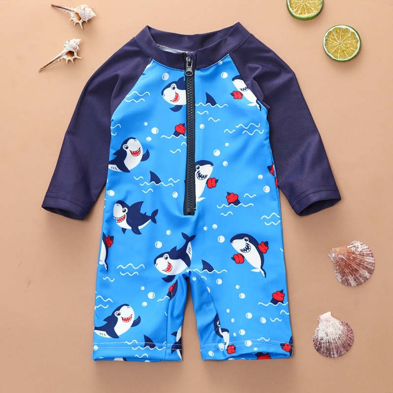 3M-18M Cartoon Haai Badmode Baby Jongens Meisjes Een Stuk Badpak Rits Patchwork Zwempak Beachwear zomer Zwemmen Kleding