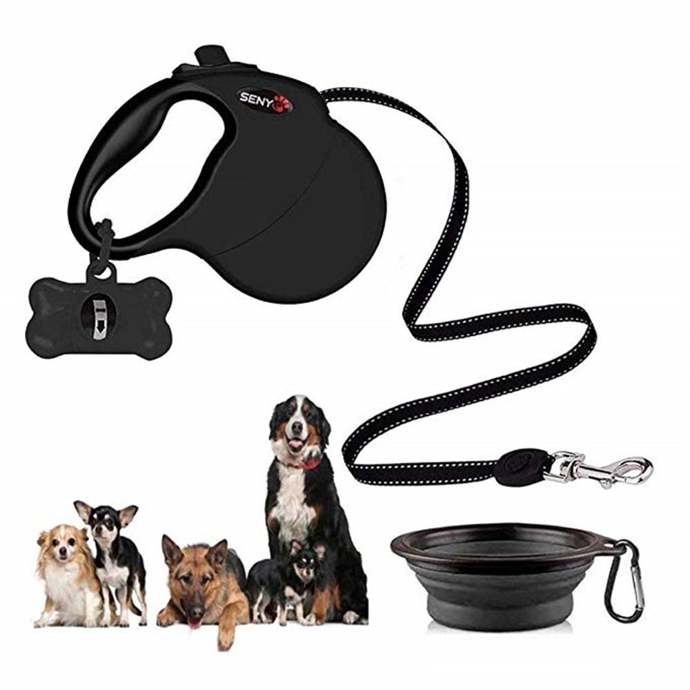 Pet Dog Leash 5M Durable Automatic Retractable Dog Leash Dog Bowl Dog Garbage Bag Set of Combinations Great for Medium&Large Dog