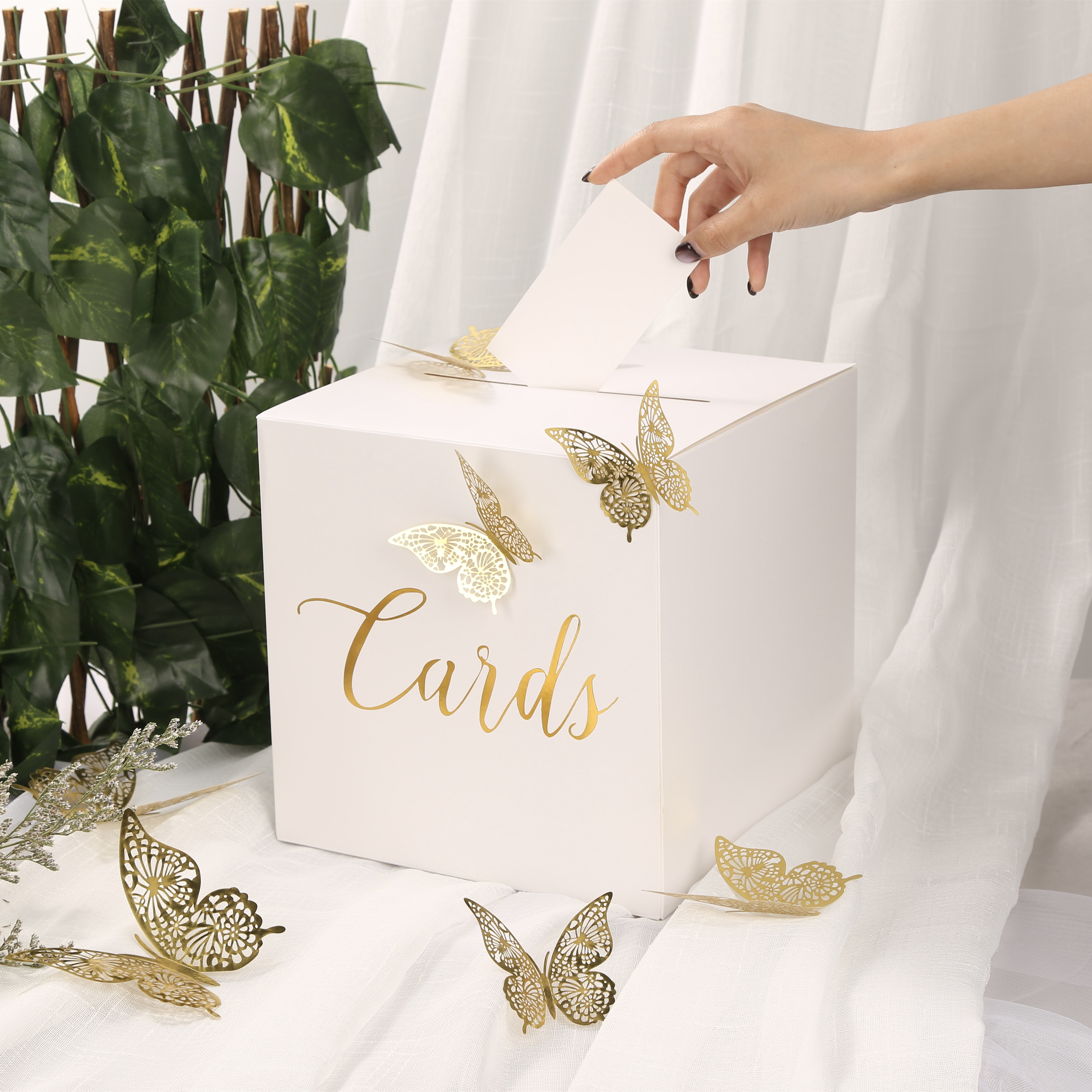 Caja de tarjetas para de cumpleaños de boda, caja de tarjetas de de cartón con letras en relieve y mariposa dorada ahuecada - cuadrado