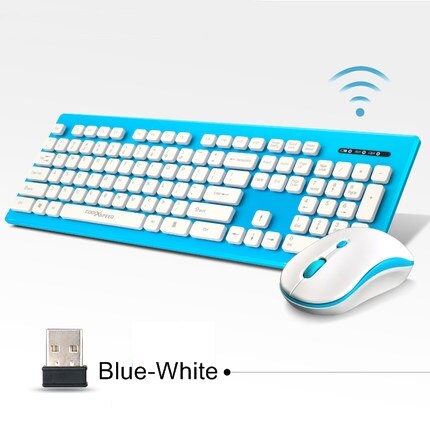 COOLXSPEED KM5808 2.4G USB Wireless Keyboard and Mouse Set Mute Waterproof Wireless Keyboard and Mouse Combo: Blue-White