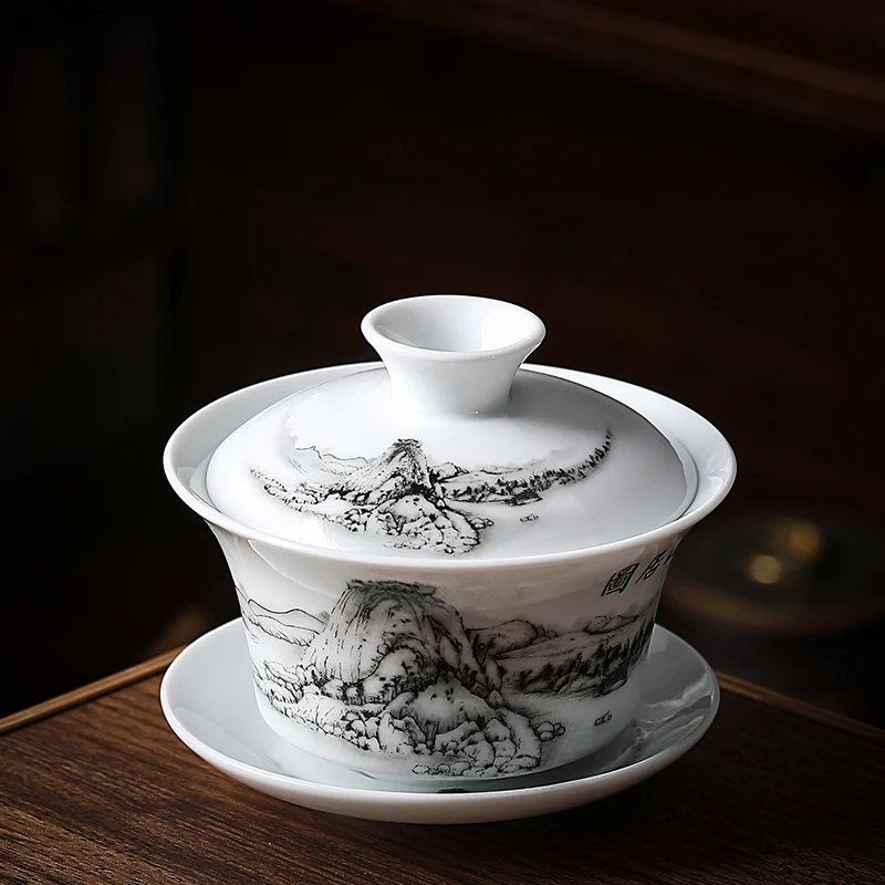 Chinese Blue and White Porcelain Gaiwan Portable Travel Tea Bowl Home Ceramic Teacup Handmade Teaware Personal Single Cup 140ml: A1