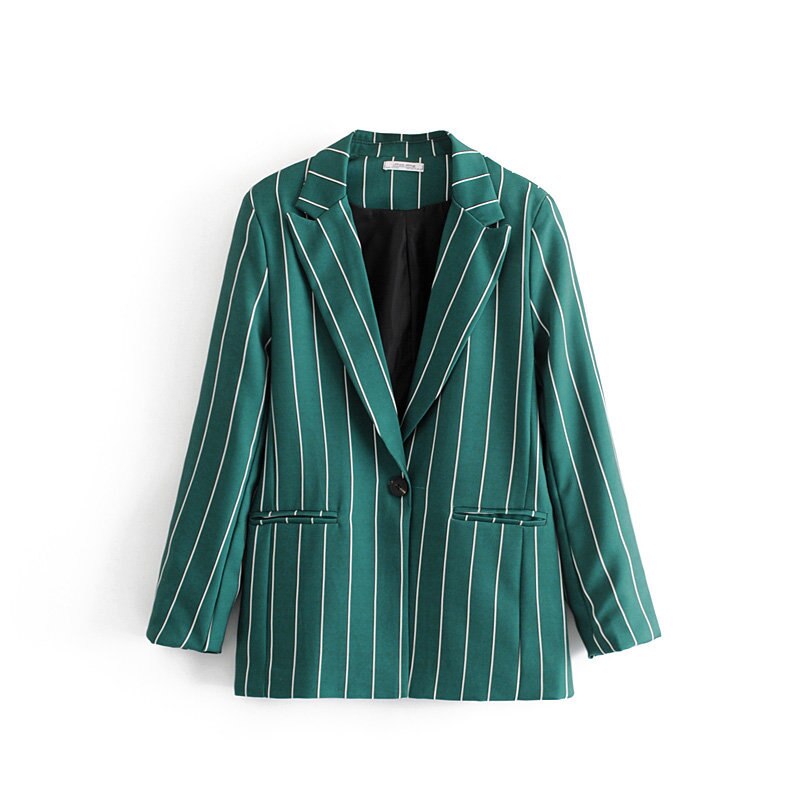 Kvinder buksedragter 2 stykke sæt stribet grøn blazer og jakke vintage stribede brede ben bukser kvinder smarte outfit dragter: Blazer / S