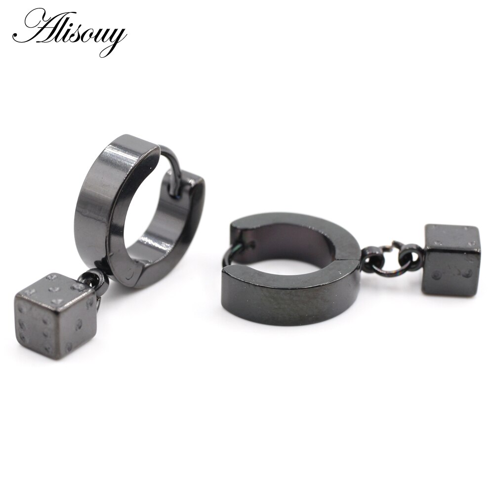 Alisouy 2 Stuks Punk Rvs Stud Huggie Hoop Oorbellen Voor Vrouwen Mannen Cube Vierkante Dice Dangle Oorbellen Hiphop Goth oorbellen: 5mm Black