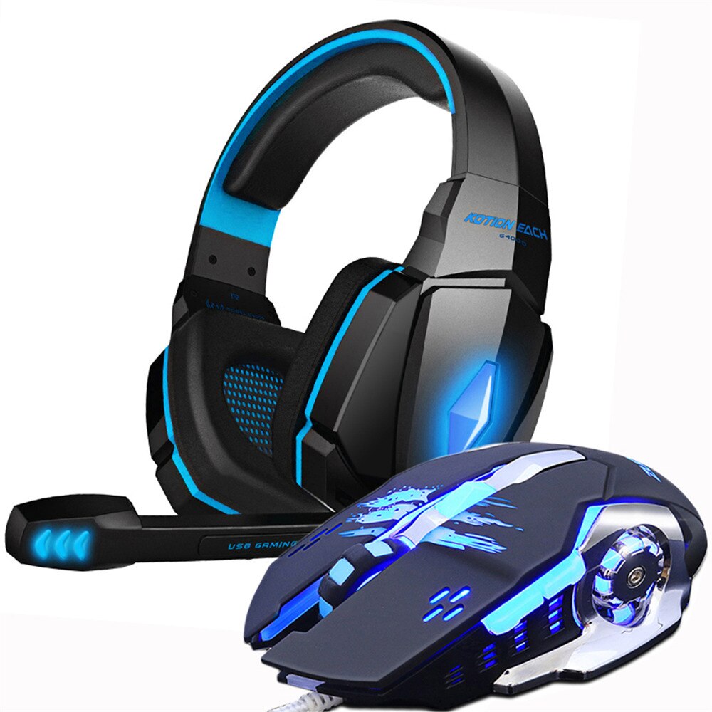Gaming Headset Casque Headphones Deep Bass Stereo Earphones with Microphone +Gaming Mouse Mice 3200 DPI combination LED Lights: G4000 blue and mouse