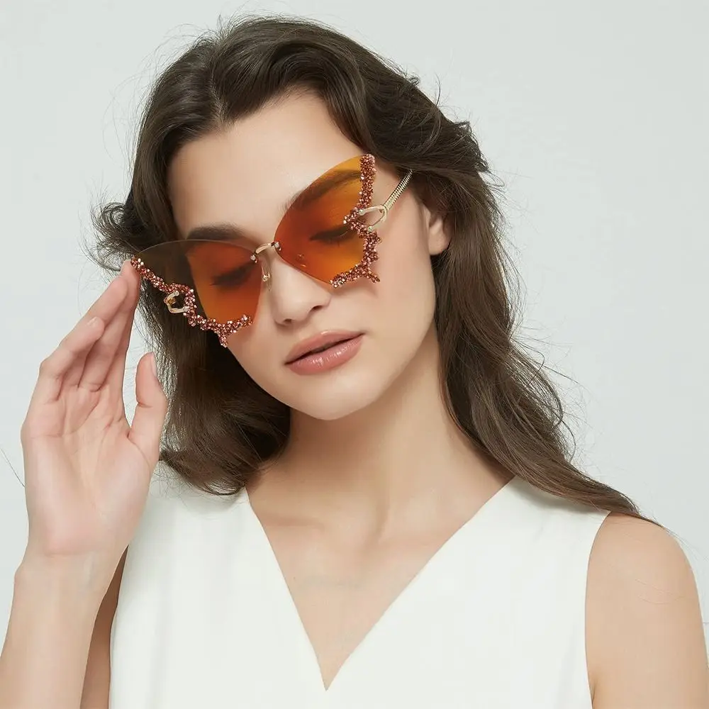 Gafas de sol sin montura con diamantes de imitación vintage para mujer: gafas de mujer Y2K Bling Shades