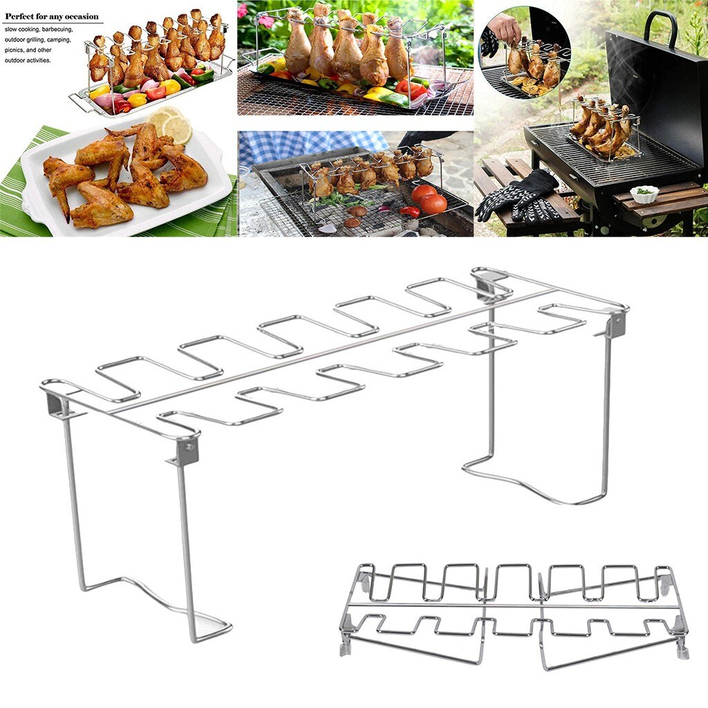 BBQ Beef Chicken Leg Wing Grill Rack 12 Slots Stainless Steel Barbecue Drumsticks Holder Smoker Oven Roaster Stand #36