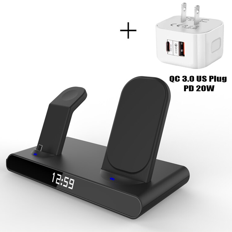 3 in 1 kabellos Ladestation Für iPhone 13 12 11 Profi Max/Apfel Uhr/AirPods LED Digital wecker Drahtlose Ladegerät Stehen: Schwarz-uns Stecker(C)