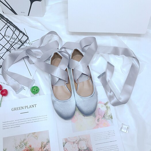 Chaussures à lacets pas cher bride à la cheville plaine grande taille ballerines souples femmes satin ballerine chinoise chine dames gris bout rond: 41