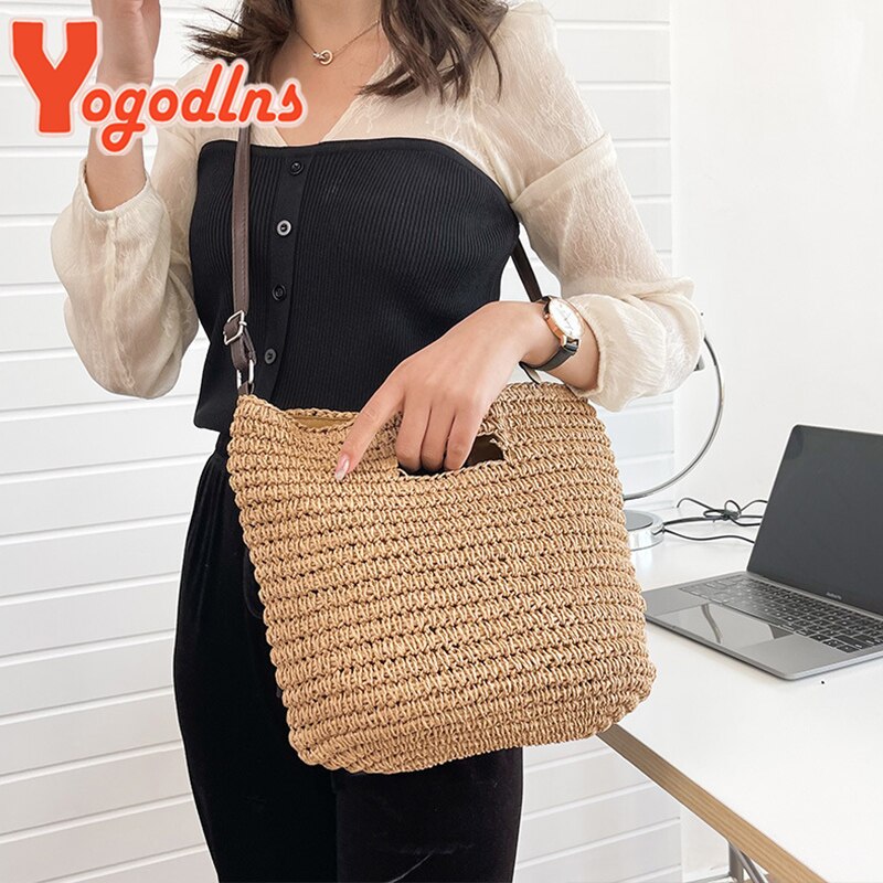 Yogodlns borsa Tote estiva in paglia per donna borsa con manico di grande capacità borsa da spiaggia in Rattan intrecciata borsa da viaggio per vacanze borsa Shopping