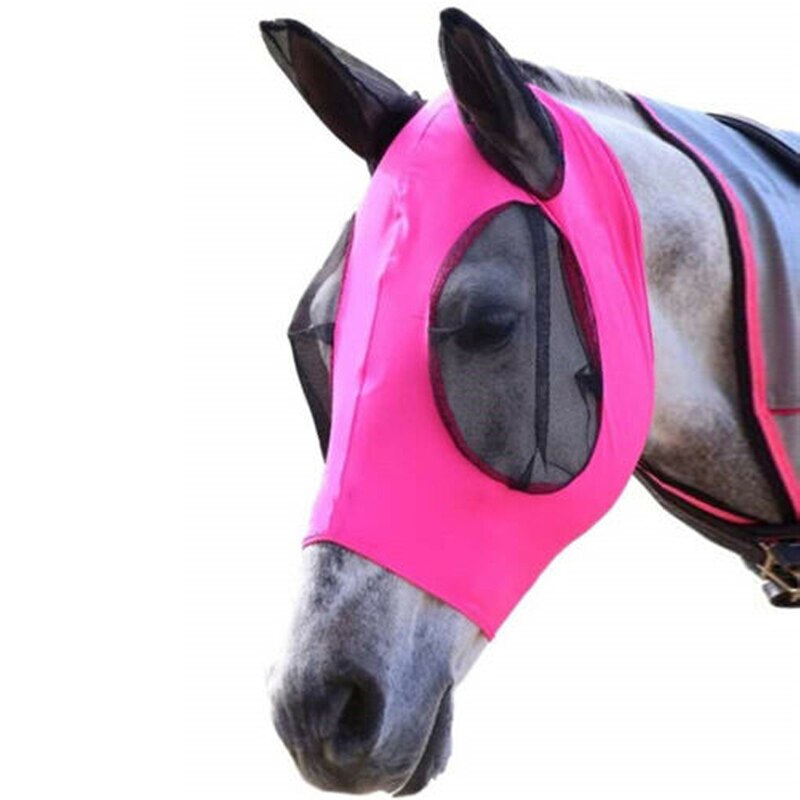 Mesh hest anti-myg maske hoved anti flyvende insekter beskytter dæksel m / øre muff hest udstyr åndbar 5 farver: Rosenrød