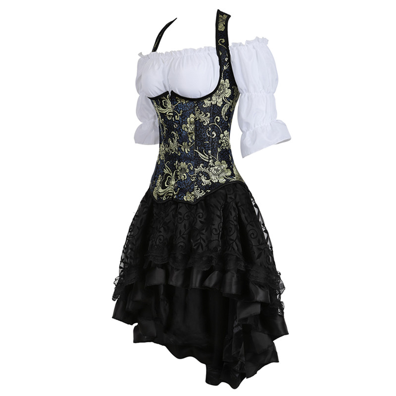 Steampunk Korsett Kleid sexy Unterbrust Korsett oben frauen aus Schulter Halbarm Bluse mit Felsen Drei-stück Outfit Plus Größe