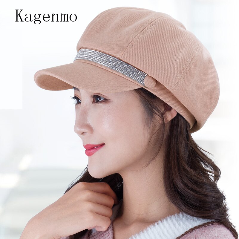 Kagenmo-boina de ala corta brillante para mujer, gorro octogonal ajustable, accesorios sencillos que combinan con todo, para otoño e invierno, novedad