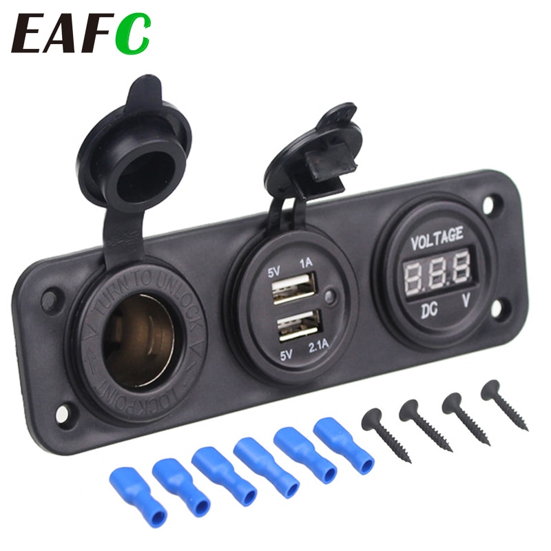 Universele autolader, motorfietsstekker, dubbele usb-adapter, +12v/24v sigarettenaanstekers, blauwe led + digitale voltmeter voor mobiele telefoon