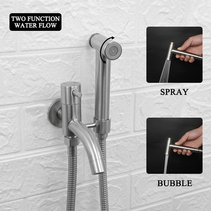 Toilet Bidet Tap Faucet Brushed Stainless Steel Portable Shower Bathroom Bidet Wall Mounted Mop Washer Tap with Shattaf Holder
