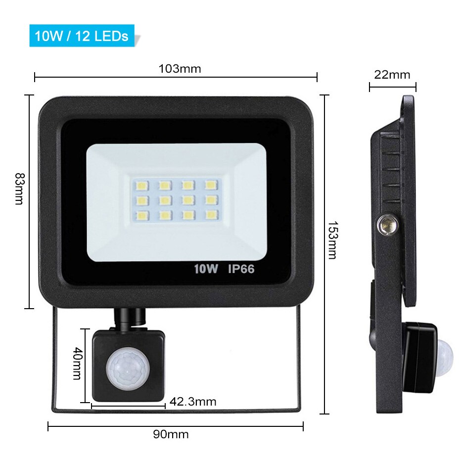PIR Motion Sensor LED Flood Light 10W 20W 30W 50W 220V Floodlights Lamp IP66 Waterproof Reflector Projector Outdoor Spot Light: 10W
