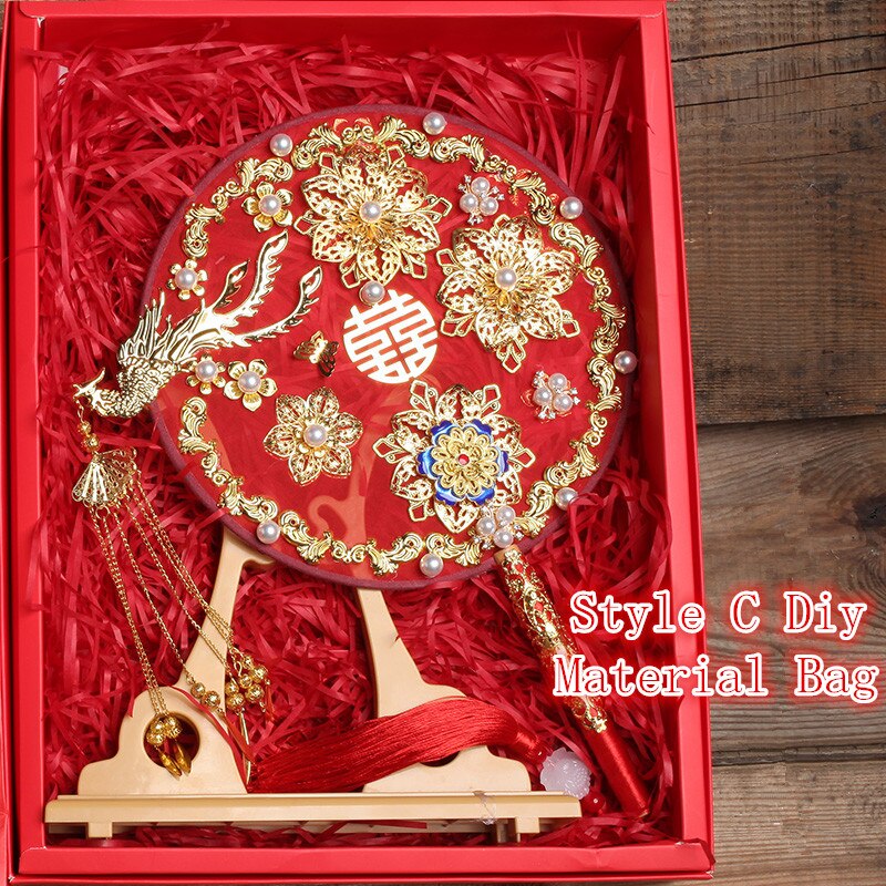 JaneVini bricolage ventilateur de mariée Style chinois Vintage mariage mariée main ventilateur Bouquet à la main perle rouge métal fleur ventilateur support étagère: Style C Material Bag