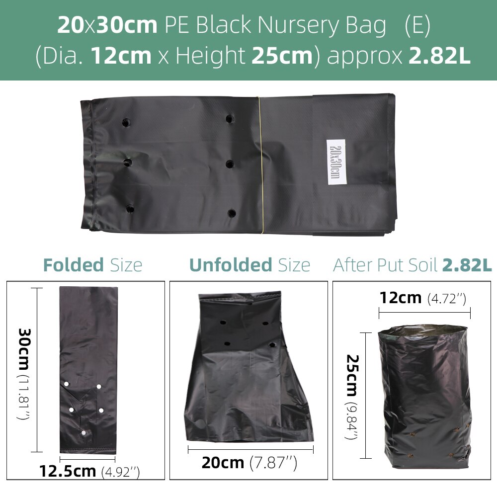 Bolsas de plástico de polietileno para vivero, macetas de cultivo de plantas de tela con agujeros transpirables para cultivo doméstico, suministros de jardinería, color negro, 100 piezas: Black 20x30cm